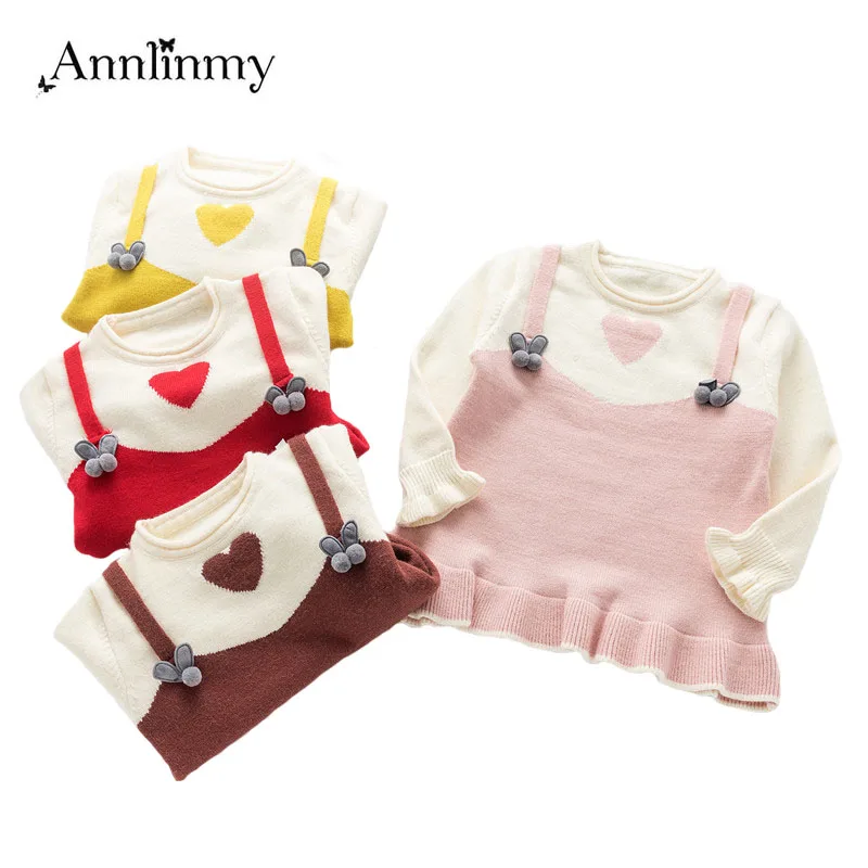 

2018 autumn winter sweater for kids clothes faux 2pcs baby girls sweaters love print girl knitted sweater 0~2 age baby pullover