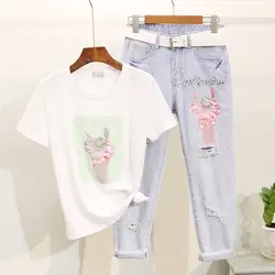 Комплект из джинсовых штанов для женщин 2019, летний Модный Блестящий бисер, футболка с короткими рукавами и принтом + джинсы с дырками