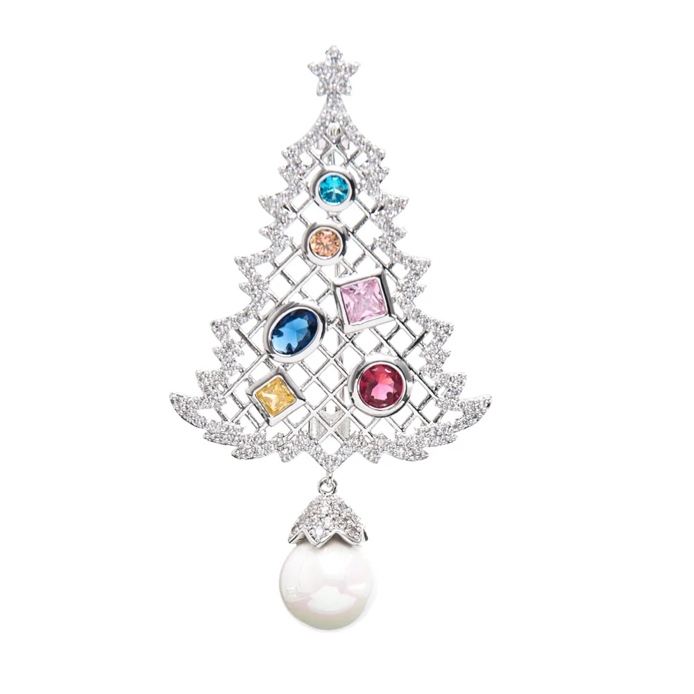 High Quality  Crystals CZ Cubic Zircon Christmas Tree Brooch Pin  Broach Pendant for Women Girl Jewelry Xmas Tree Gift THB008