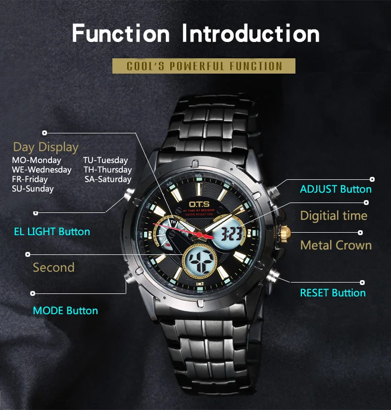 Для Мужчин's Спорт на открытом воздухе Марка ОТС 30 м профессиональный водонепроницаемый световой светодио дный военные часы Человек Digital Date