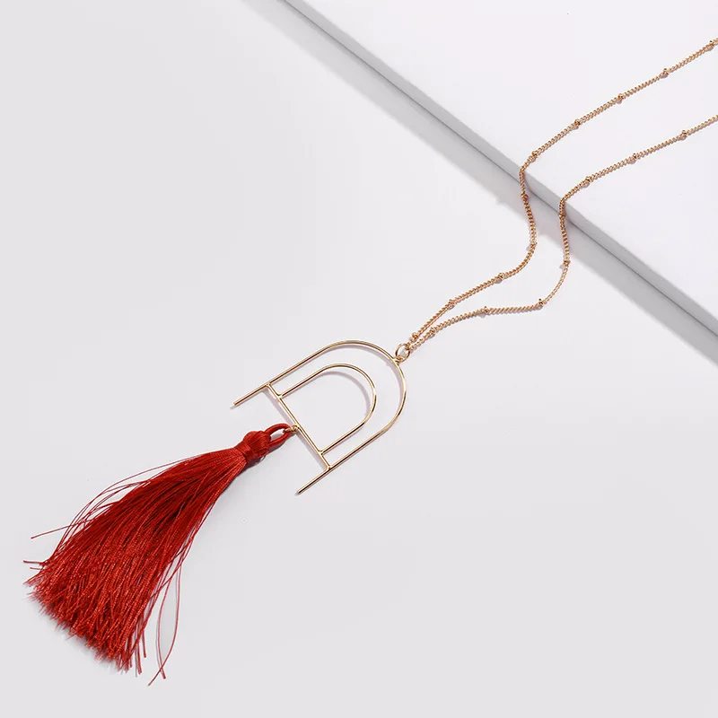 

HUIDANG Fashion Copper Frame Double Semi Circle Tassel Long Chain Pendants Necklaces for Women