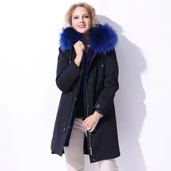 Натуральный мех парка пальто для Для женщин большим изображением лисы с капюшоном натуральный мех ягненка лайнер зима теплая Толстая