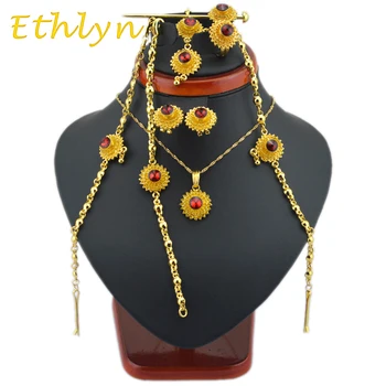 

Ethlyn Stone Ethiopian jewelry sets with hair pcs Gold Color stone jewelry sets for Ethiopian/Eritrean/African girls S24