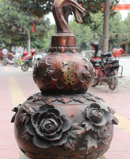 

18" Old China Folk FengShui Bronze Carved Fu Flower Gourd Statue Wine Pot Flagon