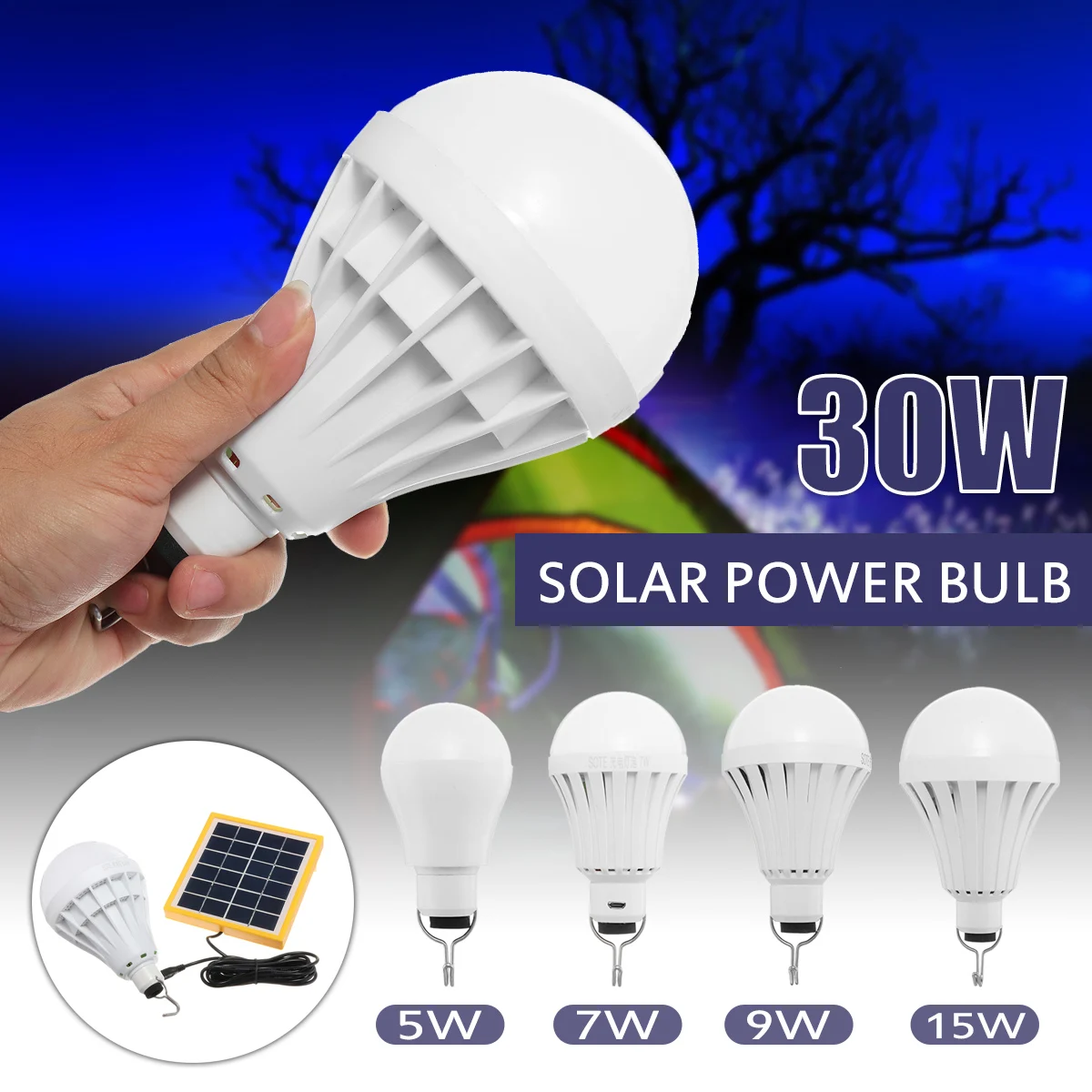 

New 30W Solar Panel LED Light USB Powered Bulb Indoor Outdoor Camping Emergency Solar Lamp Camp Tent Light Energy Store