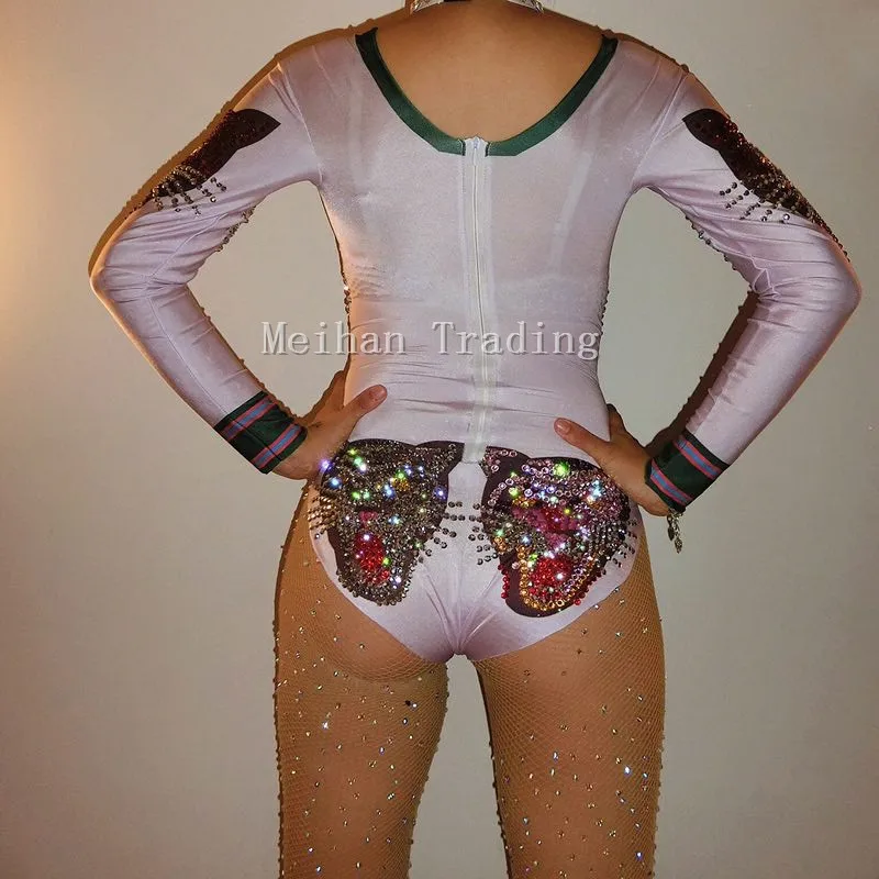 Блестящие кристаллы Тигр шаблон боди Для женщин сексуальный наряд вечерние костюмы этап носить купальник танец певица боди в стразах