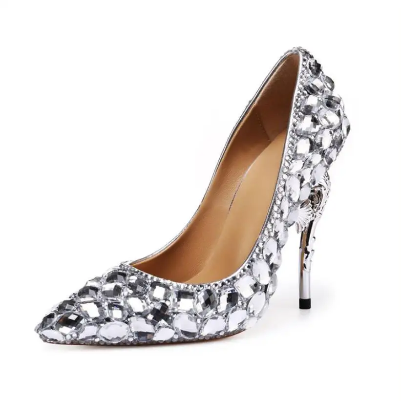 

European and American fashion high-end leather women's shoes hippocampus with large diamond high-heeled pointed shallow mouth