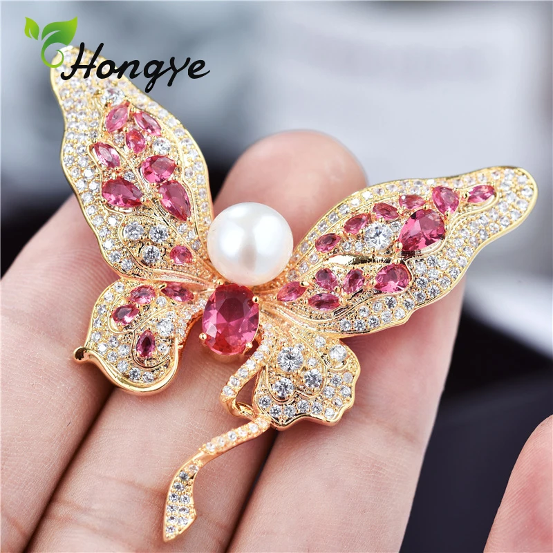 

Pink Butterfly Zircon Brooch Pin Jewelry Vintage Banquet Big Brooches for Women Freshwater Pearl Pins Coat Accessories Clip