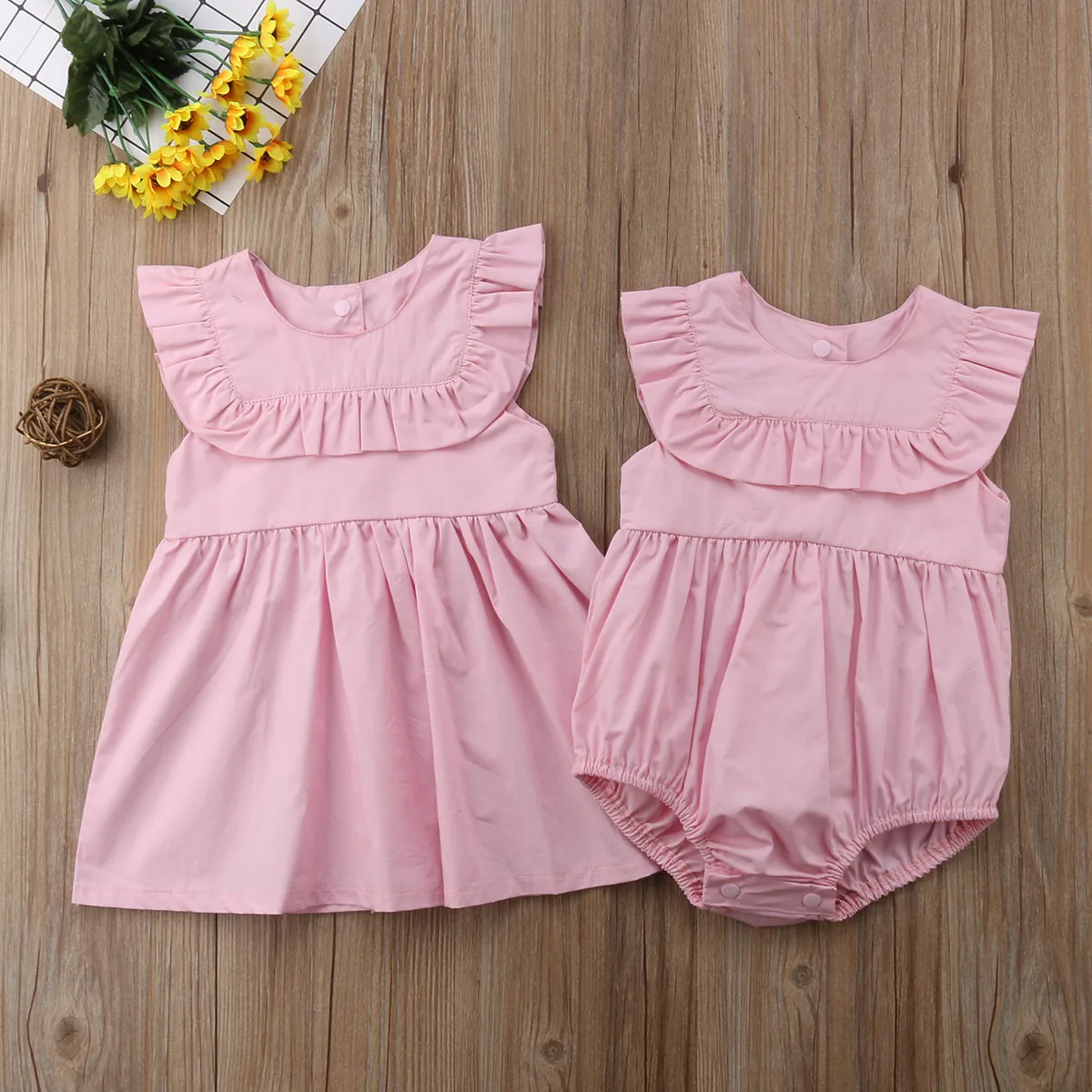 New Newborn Baby Girl Sister Matching Clothes Solid Summer Pink Romper