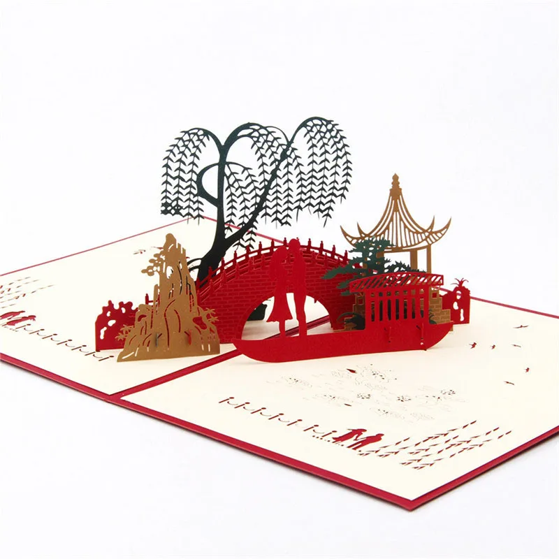  3D Laser Cut Handmade Mountain River Bridge Lover Paper Invitation Greeting Cards PostCard Valentin - 32791626345