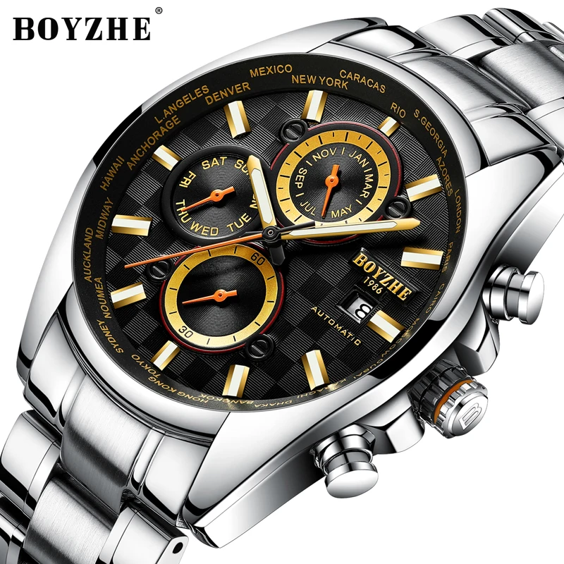 BOYZHE الرجال التلقائي الساعات الميكانيكية أزياء بيضاء عارضة الفاخرة العلامة التجارية الفولاذ المقاوم للصدأ سباق ووتش Relogio Masculino BOYZHE الرجال التلقائي الساعات الميكانيكية أزياء بيضاء عارضة الفاخرة العلامة التجارية الفولاذ المقاوم للصدأ سباق ووتش Relogio Masculino