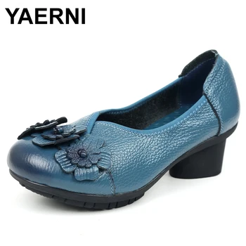 

YAERNI 2018 Spring Women Shoes Genuine Leather Women Pumps Handmade Flower Comfortable Vintage Style High Heels E529