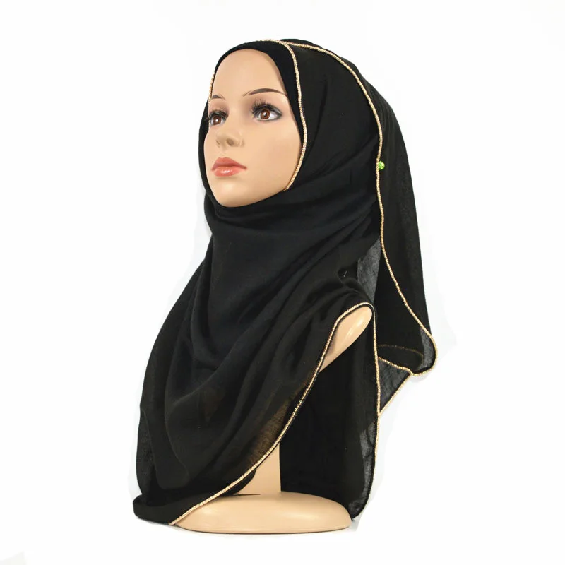 W3 сплошной хиджаб шарф золотые бусины мусульманские хлопковые шарфы с изображением цепи Простой палантин шаль Макси модная головная повязка длинные шарфы 180*80 см - Цвет: 7