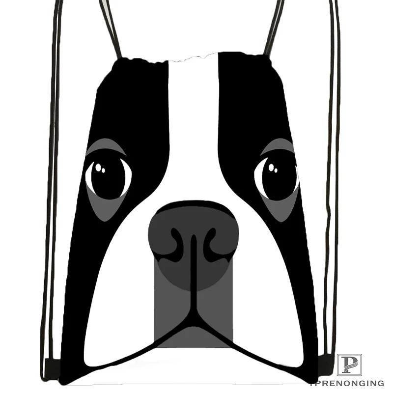 Custom Black White Dog Boston Terrier Drawstring Backpack Bag Cute Daypack Kids Satchel Black Back 31x40cm