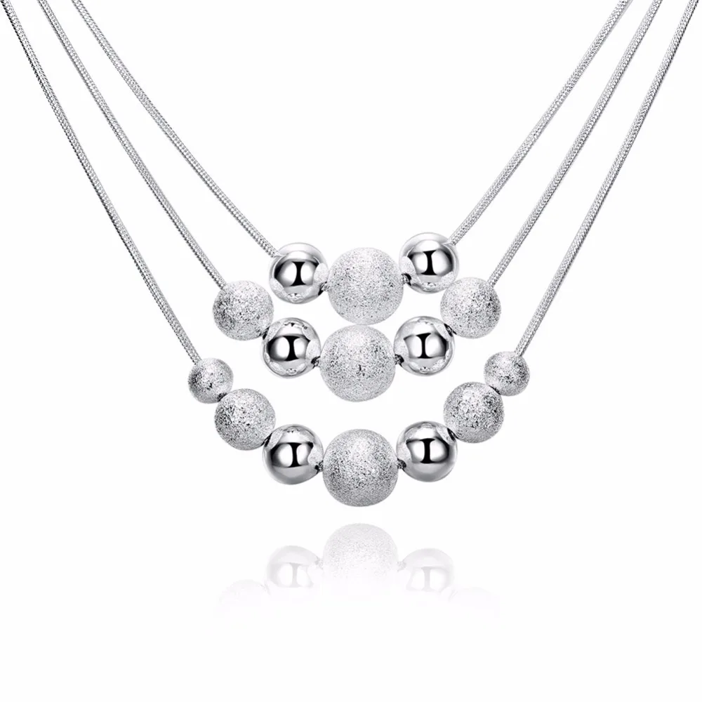 Multilayer Beads Pendant Necklace 18inch Silver Line Chain Necklace Silver Plated Jewelry