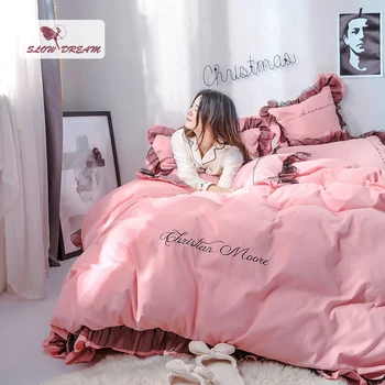 

SlowDream 100% Cotton Bedding Set Pink Duvet Cover Bed Flat Sheet Lace Decor Bedspread Bed Linen Solid Color Adult Girl Gift Bed