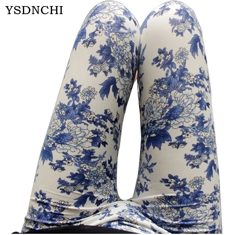 

New Spring Summer Ethnic style Chinese landscape paintings flowers Slim trousers Porcelain printed High elasticity leggings