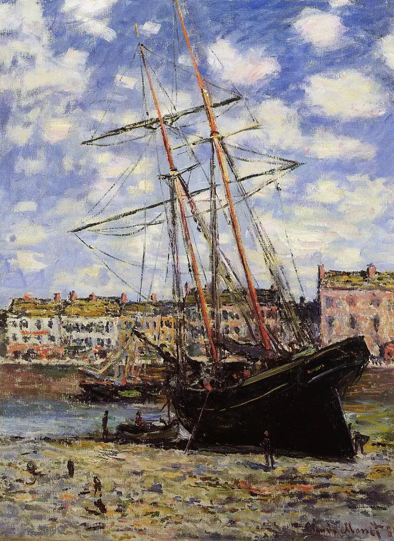 

100% handmade oil painting reproduction on linen canvas, landscape oil painting,boat-at-low-tide-at-fecamp by claude Monet