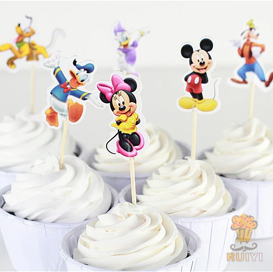 Красный Детский комплект для украшения дня рождения с изображением Микки из мультфильма; вечерние принадлежности для дня рождения - Цвет: cupcake topper 24pcs
