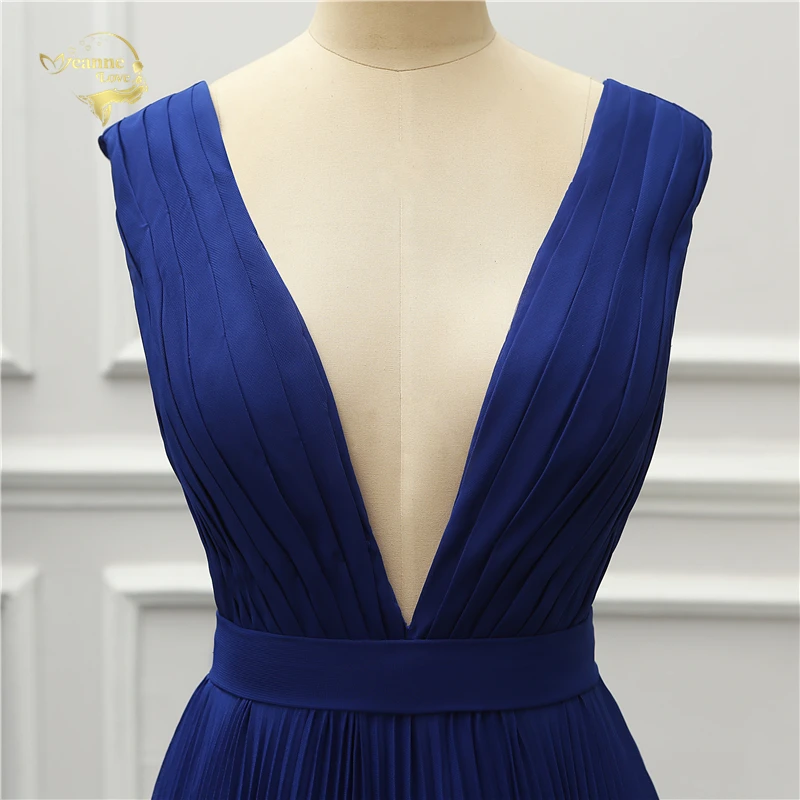 Vintage Royal Blue V Neck Backless Long Evening Bridesmaid Dress