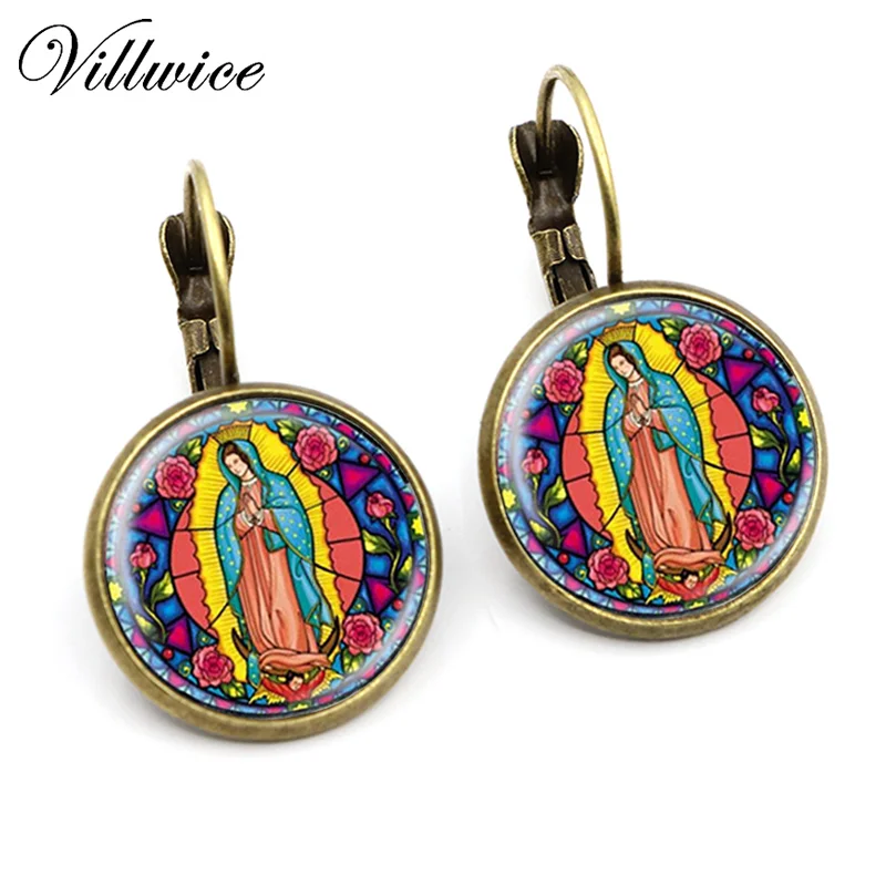 

Our Lady of Guadalupe Earrings Virgin Mary Sacred Heart Religious Stained Glass Bezel Art Fashion Handmade Crystal Jewelry