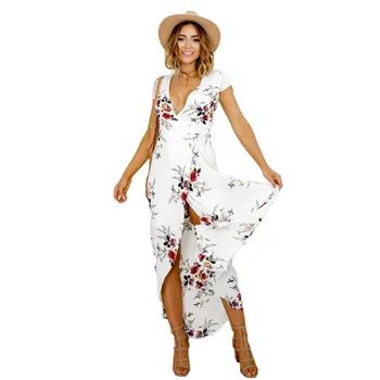 

Womens Boho Long Maxi Dress fashion lady sexy strapless Deep V Neck Floral Casual Beach Party Robe Dress White 2019 vestidos