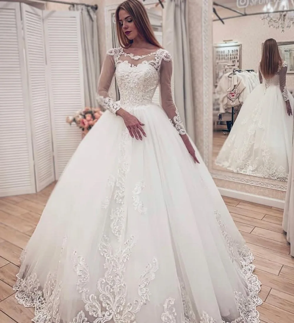 

2019 Puffy Wedding Dress Ball Gown Long Sleeves Lace Appliques Long Train Plus Size White Vestidos De Novia Gowns For Bride