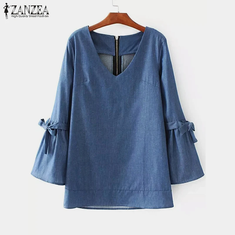 Топ Blusas женская блузка ZANZEA Дамская элегантная Однотонная рубашка с v-образным вырезом на молнии сзади Весенняя женская блуза с длинным рукавом с рюшами размера плюс