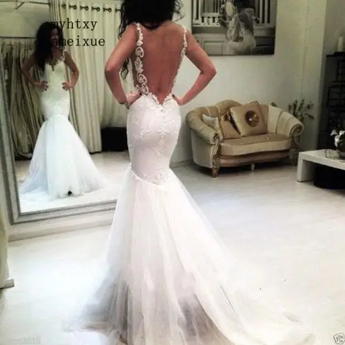 С открытой спиной Vestido De Noiva Свадебные платья Русалка тонкие лямки Тюль Кружева Бохо Дубай Арабский свадебное платье свадебное сексуальное