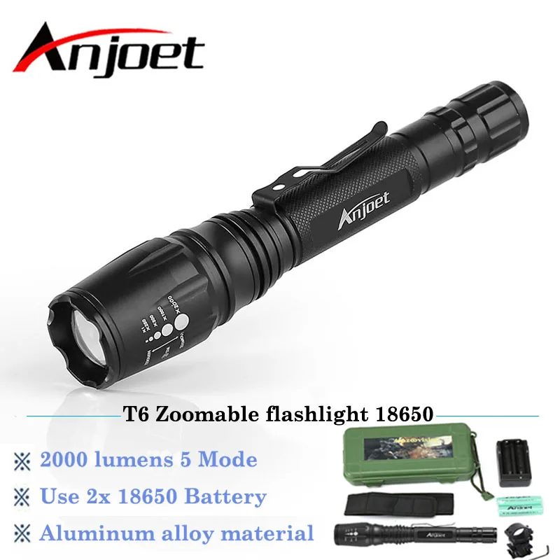 

Anjoet 2000LM Hunting Flashlight Focus Torch XML T6 LED Zoomable 5-Mode Camping Flash Light Lantern 18650 Battery charger Set