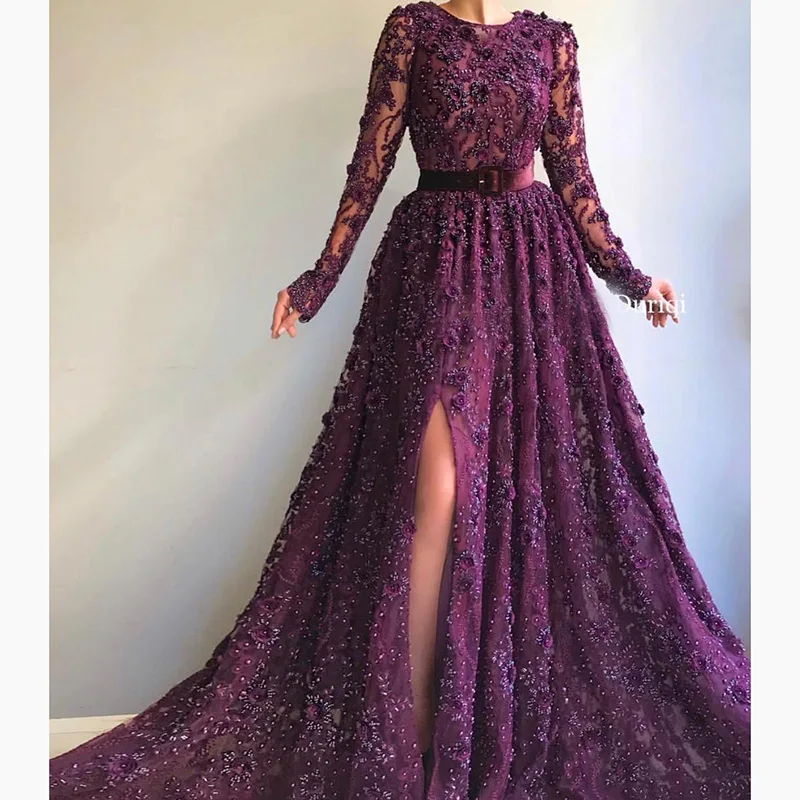 purple evening dresses with sleeves