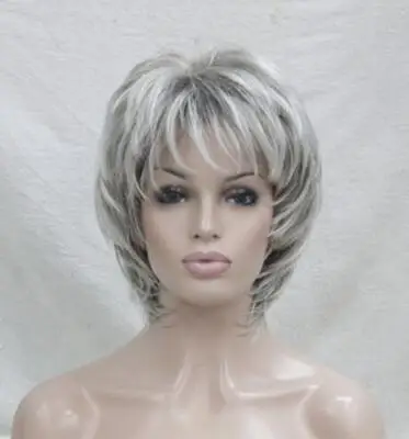 

Wholesale > Elegant light gray/grey mix and dark root wavy women' synthetic 14" full wig