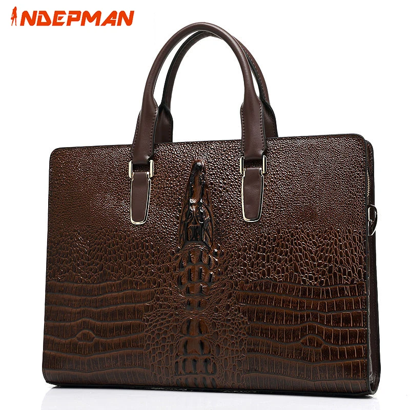 Alligator Design 100% Genuine Leather Briefcase Men Famous Brand Fashion 14 inches Laptop File Document Bag Maletin Hombre