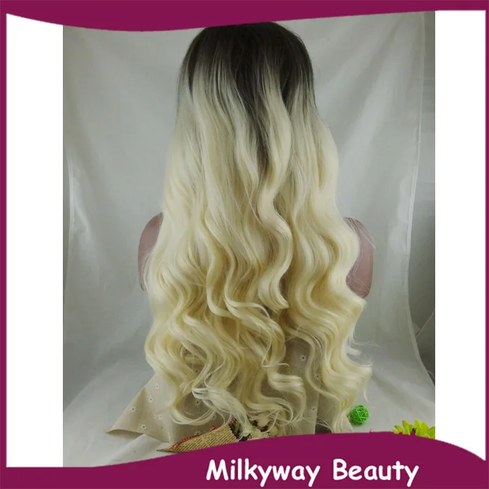 Free Shipping new heat resistant fiber black to milky blond two tone ombre wavy synthetic lace
