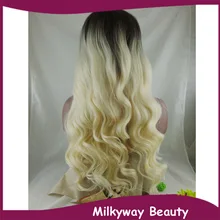 Free Shipping new heat resistant fiber black to milky blond two tone ombre wavy synthetic lace