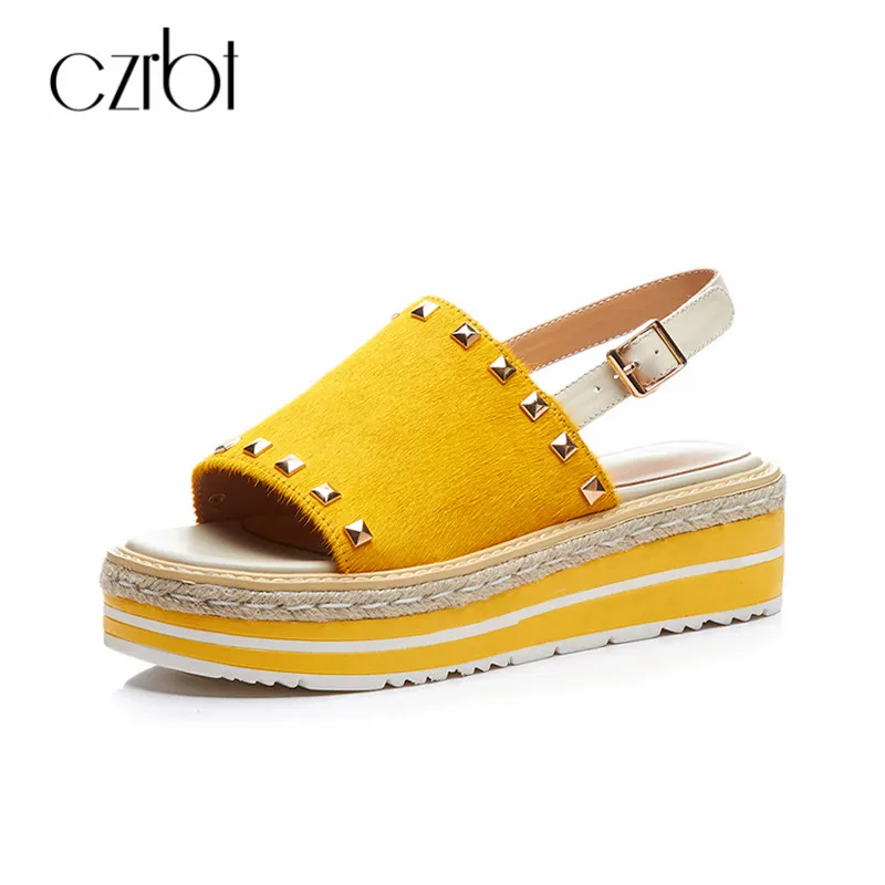 

CZRBT Summer Casual Open Toe Buckle Strap Women Sandals Genuine Leather Mixed Colors Rivet High Platform 5.5cm flatform shoes