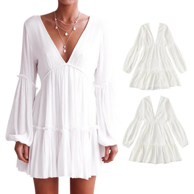 

new White Summer Bohemian Mini Dress Women Fashion Spring Solid White Mini Lace Casual Clothes V-neck Long Sleeve Dresses