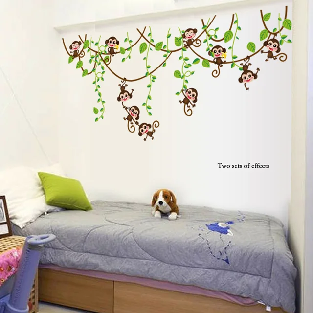 Cute mini monkeys Wall Stickers for kids room Art Decals Vinyl 3D animals plants Wallpaper sticker bedroom nursery home decor 5