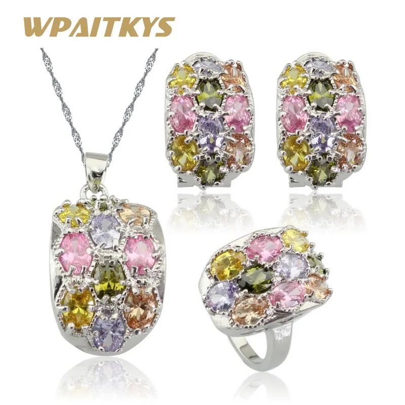 Luxury Multi Color Gems Natural Topaz Jewelry Set Silver Earring Necklace Pendant Ring For Women Free