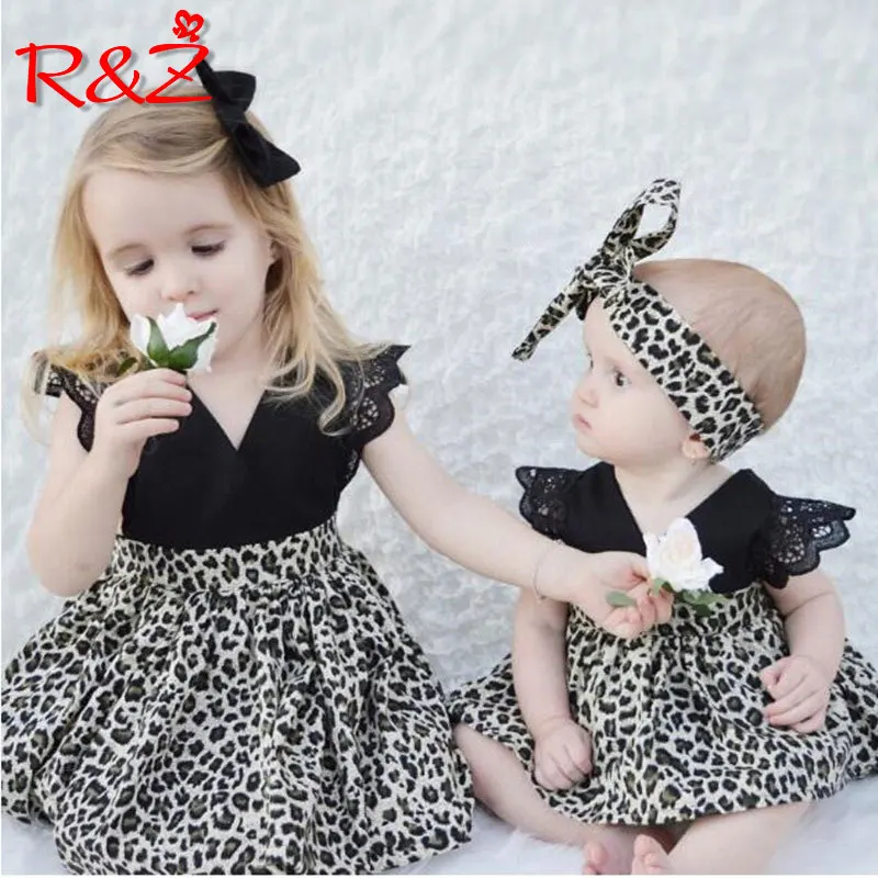 

R&Z Baby Girl Clothes Leopard Suit Lace Ruffles Sleeve Romper Dress Headband 2pcs Outfit Toddler Kids Summer Costume