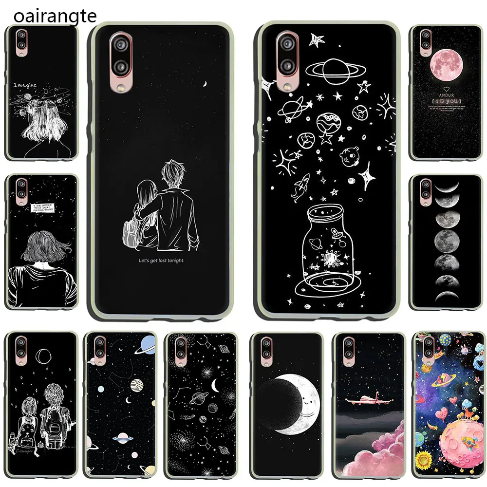 black with white moon stars space Hard Phone Case for Huawei P30 P20 P8 P9 P10 Plus Lite Mini 2015 2016 2017 Pro smart 2019 | Мобильные
