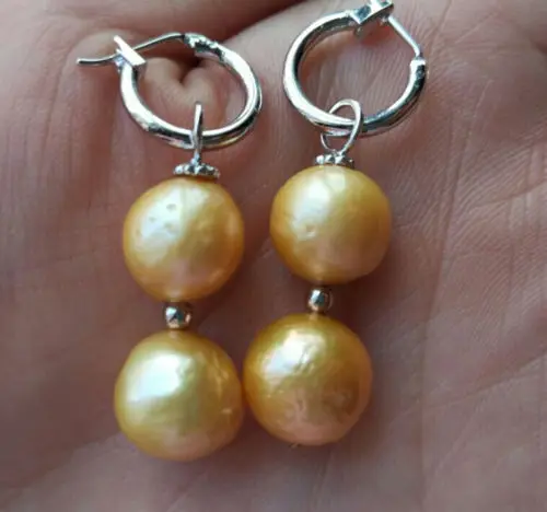 

12-14mm Baroque Golden South Sea Pearl Earrings White Gold Swing Earrings