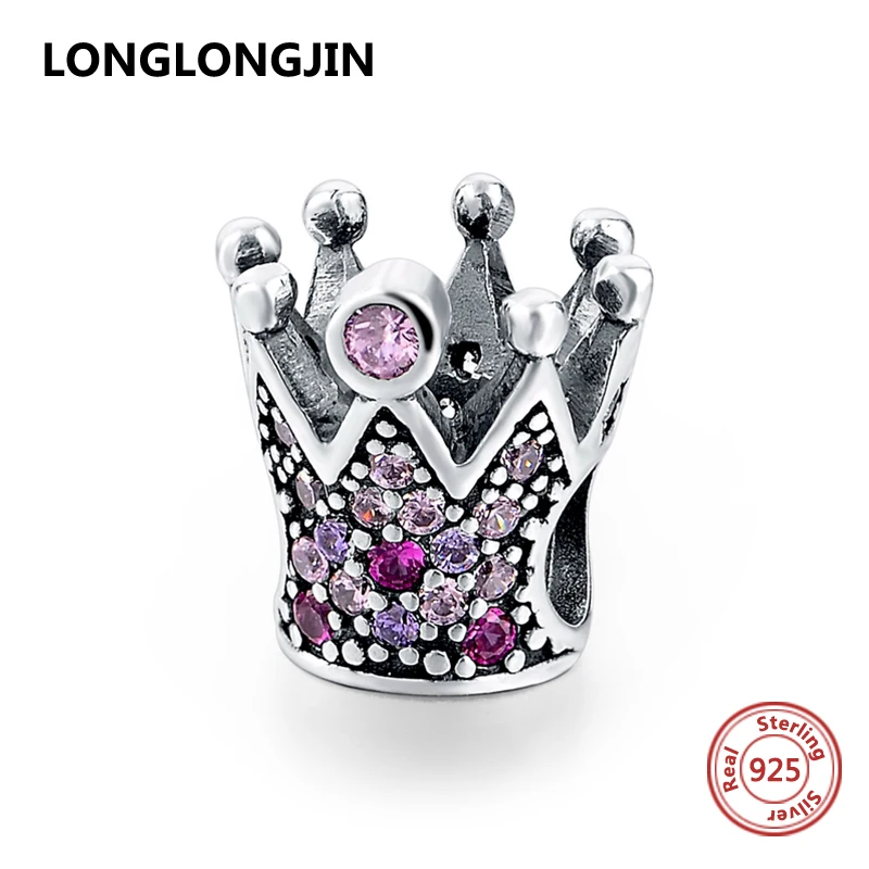 

Luxury 925 Sterling Silver Beads Pave Pink Purple Zircon Crown Charms Fits Pandora Charms Bracelets Necklace DIY Jewelry Beads