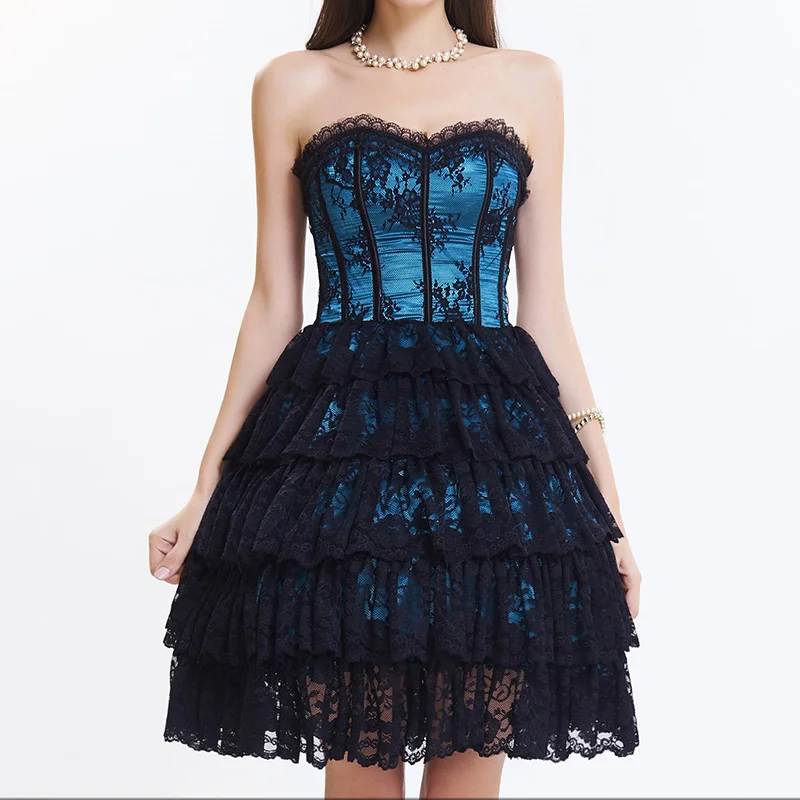 Buy Blue Satin & Black Floral Lace Party Corsets And