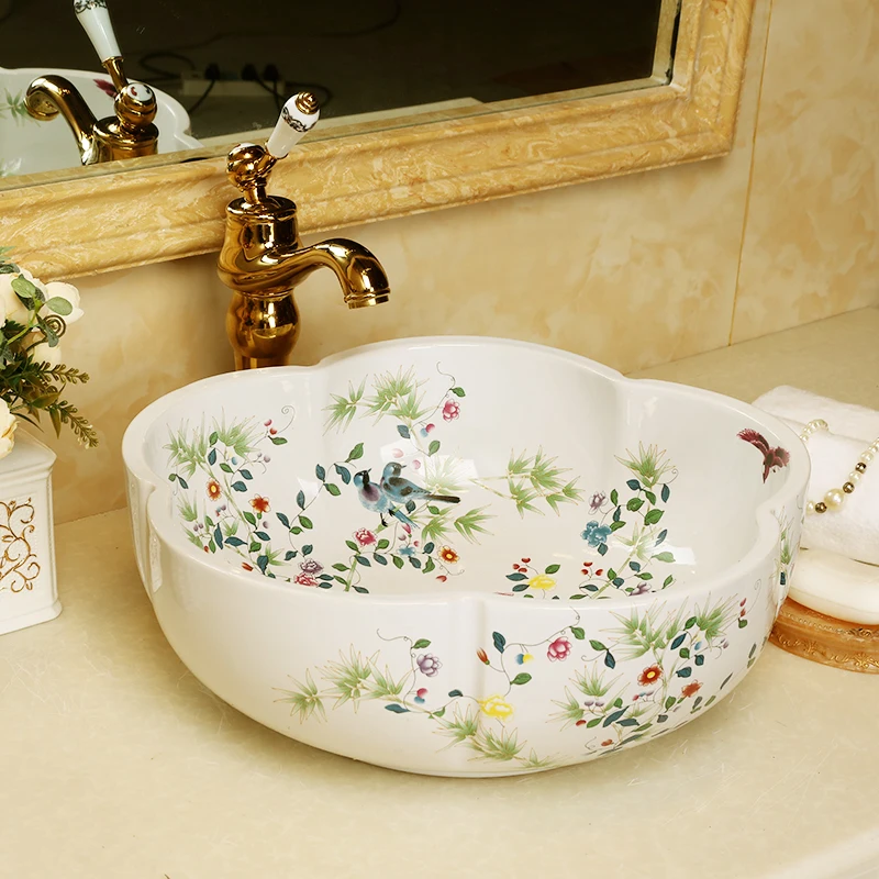 Europe Artistic Painting Flowers Porcelain wash basin Art Countertop