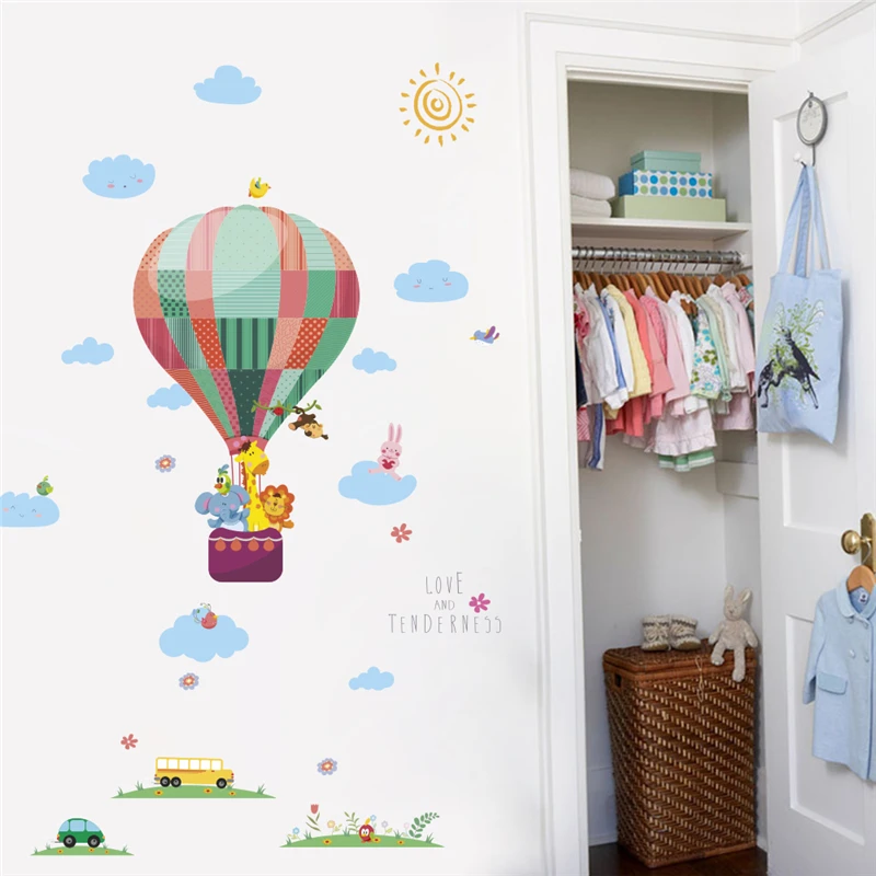 Cartoon Animals Hot Air Balloon Car Wall Stickers For Kids Rooms Home Decor Pvc Wall Decals Diy Mural Art Posters
