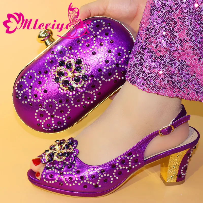 

new purpleItalian Ladies Shoes and Bags To Match Set Women Matching Shoes and Bag Set Decorated with Rhinestone