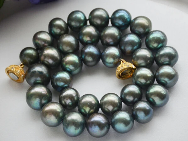 

0001862 Huge 12-15mm ROUND Peacock Black cultured PEARL NECKLACE 17inch AAA (A0511)