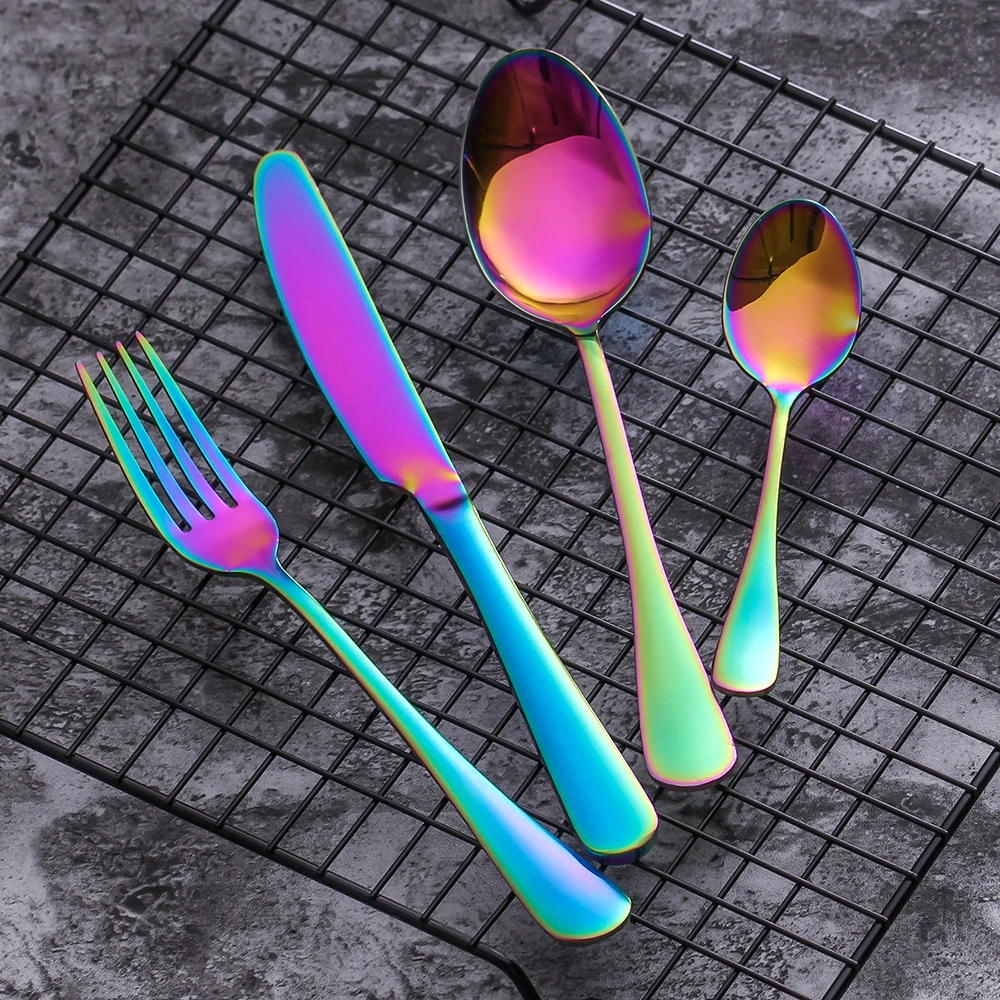 Multi-Colors Cutlery Mirror Polishing Stainless Steel Dinnerware Fork Scoops Set Dessert Portuguese Style Solid Tableware посуда нож ножи столовые приборы набор посуды kitchen dining bar