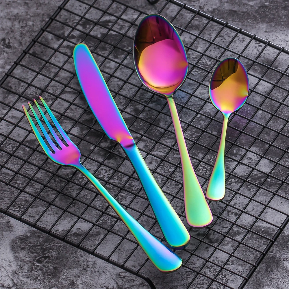 Multi Colors Cutlery Mirror Polishing Stainless Steel Dinnerware Fork Scoops Set Dessert Portuguese Style Solid Tableware посуда нож